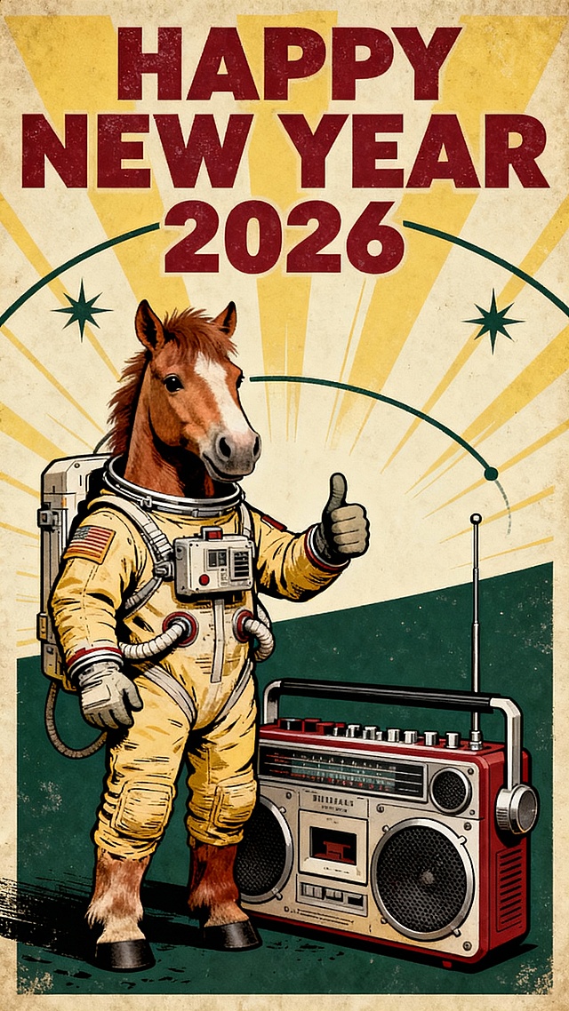 复古未来风插画，拟人马宇航员搭配老式收音机，波普艺术色彩碰撞，科技感与喜庆感交织，印刷质感呈现2026新年贺图。