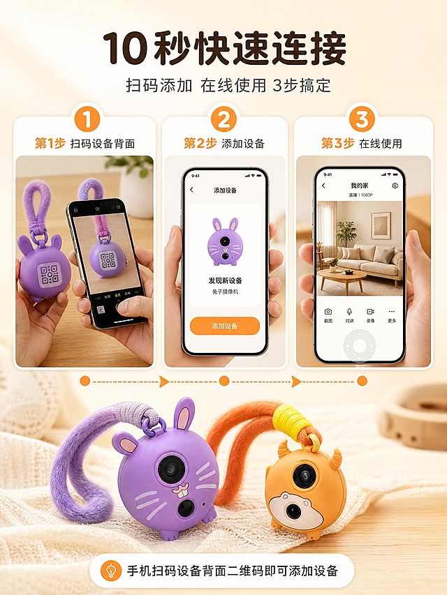 [商品] 使用【图1】两款挂饰摄像机，保留圆润卡通造型、毛绒挂绳、金属扣环、大眼镜头、颜色与结构；背面以抽象图形示意挂码，绝不生成可扫描的真实二维码或条形码。
[画面] 目标：使用步骤页，讲清扫码连接的3步门槛。构图：横向三栏步骤分栏，每栏上方为圆形步骤序号组件，栏内为真实操作画面——第1步手部持手机对准设备背面挂码位置；第2步手机APP添加设备的中文界面卡；第3步APP实时画面中出现室内场景。三栏下方一条细线时间轴＋箭头串联，底部放置紫色兔子款与橘色虎纹款两款产品小图。产品与手部动作真实同框，产品占画面约30%。
[视觉] 套系策略：风格=国内电商生活科技风真实商业摄影，温馨生活感＋轻科技感；标题字=现代圆润无衬线粗体；正文字=简洁无衬线体；主色=奶油白；背景延展=奶油白做深浅层级、暖米渐变与细腻纸张/柔布质感，浅木色点缀；强调色=暖橘，仅用于步骤序号、箭头与标签；标题色=深墨棕；正文色=中暖灰；组件=圆角暖白信息卡、圆形序号、细线引线、圆点标签；光影=左前侧暖柔光，柔和接触阴影。
[文字] 页首主标题"10秒快速连接"＋副标题"扫码添加 在线使用 3步搞定"；三栏标签依次为"第1步 扫码设备背面"、"第2步 添加设备"、"第3步 在线使用"；页脚一行"手机扫码设备背面二维码即可添加设备"；全部横向排版，字体清晰不遮挡主体。
[规格] 比例3:4竖版，分辨率4K，避免变形、错字、文字过小、出现可扫描的真实二维码或条形码、站外导流文字、平台Logo水印、冷蓝冷灰作背景主色、改变产品颜色与结构。