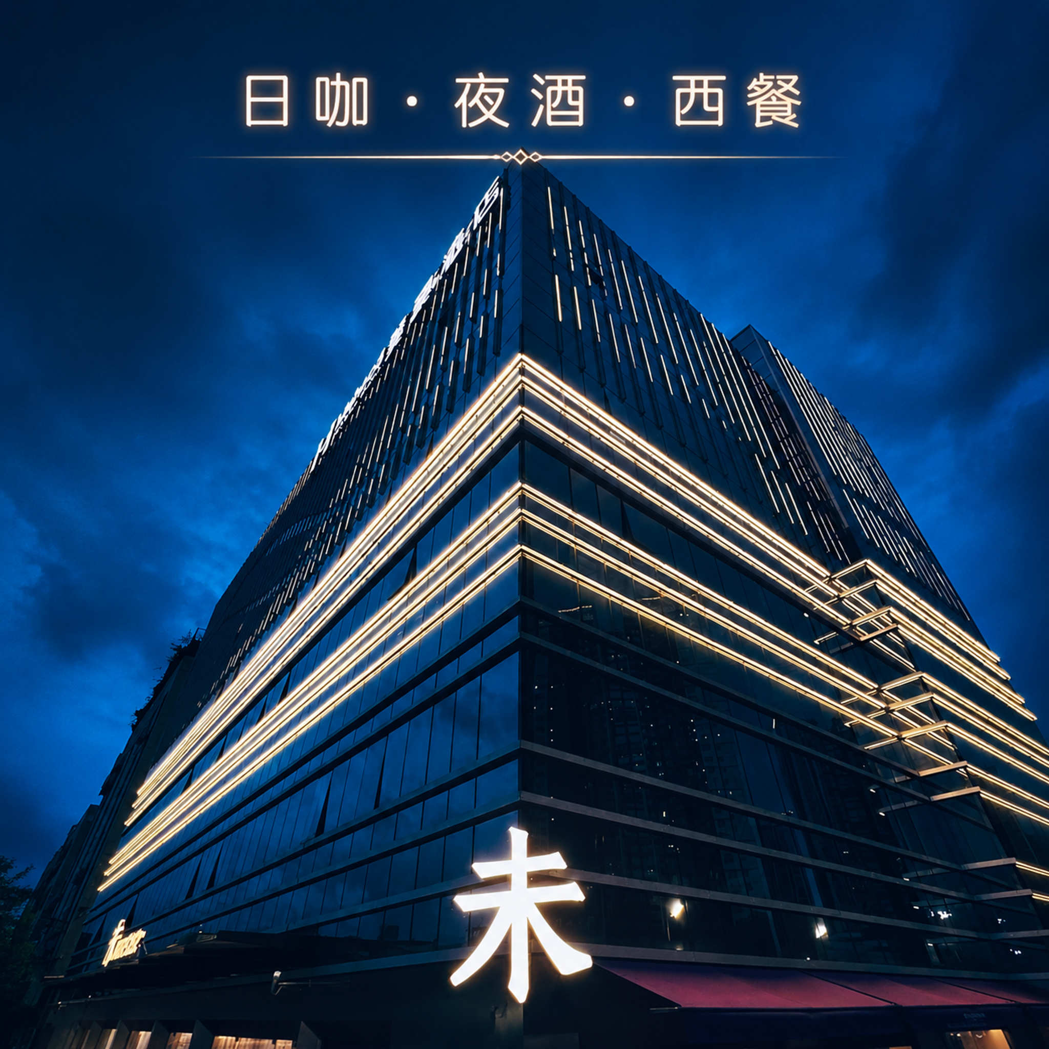 在这张酒店建筑夜景照片上添加"日咖 · 夜酒 · 西餐"文字表… - 图片创意预览