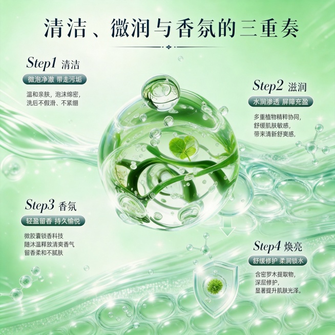 参考第一张图的分子结构和构图，使用第二张素材图里的绿植替换分子中的成分，生成一张清新绿色主题的沐浴露分子功效图，整体风格清透科技感，保留透明分子结构和分层纹理预览效果