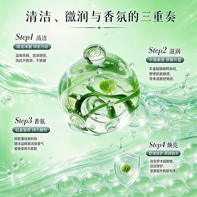 参考第一张图的分子结构和构图，使用第二张素材图里的绿植替换分子中的成分，生成一张清新绿色主题的沐浴露分子功效图，整体风格清透科技感，保留透明分子结构和分层纹理