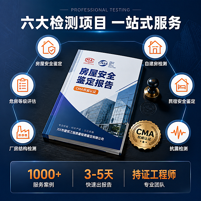 [主图-3] 房屋鉴定服务亮点与专业证明图。
[氛围风格] 专业数据感，信息清晰，权威可信；
[画质] 商业设计质感、信息层级分明、画面干净整洁、专业严谨。
[元素] 画面背景为深蓝色渐变商务背景，带有轻微建筑线条纹理。画面中央偏上位置展示一份正式的房屋安全鉴定报告，报告平放在深色桌面上，报告封面有建筑图案和"房屋安全鉴定报告"字样，旁边放着CMA认证标识徽章和工程师印章，报告略微倾斜摆放，有立体感和光影。报告周围环绕六个服务项目图标，呈六边形分布，每个图标配一个检测项目名称。图标风格统一，线条简洁，橙色图标配深蓝色文字。六个检测项目分别是：房屋安全鉴定、危房等级评估、厂房结构检测、自建房检测、民宿安全鉴定、抗震能力检测。画面底部有一条数据展示条，展示三个核心数据。整体画面元素丰富但不杂乱，专业感强。
[光影] 顶部柔和主光照射，报告表面有自然高光和阴影，立体感强；图标和文字有轻微投影，层次分明；整体光线均匀，商务办公质感。
[配色] 主色深蓝色（背景、标题）；辅色白色（报告、文字）；强调色橙色（图标、数据高亮、重点标签）；整体深蓝商务底色，橙白点缀，专业醒目。
[视角构图] 俯视45度角，报告位于视觉中心；六个图标环绕分布，形成稳定构图；底部数据条横向贯穿，信息层级清晰。
[文字版式] 顶部居中主标题"六大检测项目 一站式服务"，白色大号粗体无衬线字体，醒目。六个环绕图标下方各有项目名称，白色中号字，分别为"房屋安全鉴定""危房等级评估""厂房结构检测""自建房检测""民宿安全鉴定""抗震检测"。报告封面上有"CMA权威认证"橙色小标签。底部数据条内三个数据从左到右："1000+"服务案例、"3-5天"快速出报告、"持证工程师"专业团队，每个数据上方是橙色大号数字，下方是白色小号说明文字，居中对齐。主标题旁有英文装饰词"PROFESSIONAL TESTING"，浅灰色小号字。
[输出要求] 1:1比例，文字清晰锐利可辨，超高清商业设计质感。
[负向提示词] 变形，文字错乱，画面模糊，背景杂乱，水印，电商平台Logo。