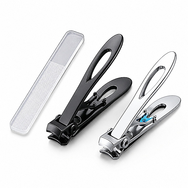 [主图-1] Nail clipper and nail file combination set full view. Keep the appearance, physical structure, material texture, and colors (one black matte nail clipper, one silver chrome nail clipper, one transparent nail file) completely consistent with the input product image, no deformation or color difference. Pure white background #FFFFFF, product centered, product occupies 85% of the画面, clean and professional, no text, no logo, no trademark, meets Amazon platform requirements. Commercial photography texture, soft and even light, clear product details, high-definition, 1:1 square composition, 2048px resolution. Negative prompt: deformation, text chaos, blurred product, cluttered background, watermark, logo, Chinese characters.