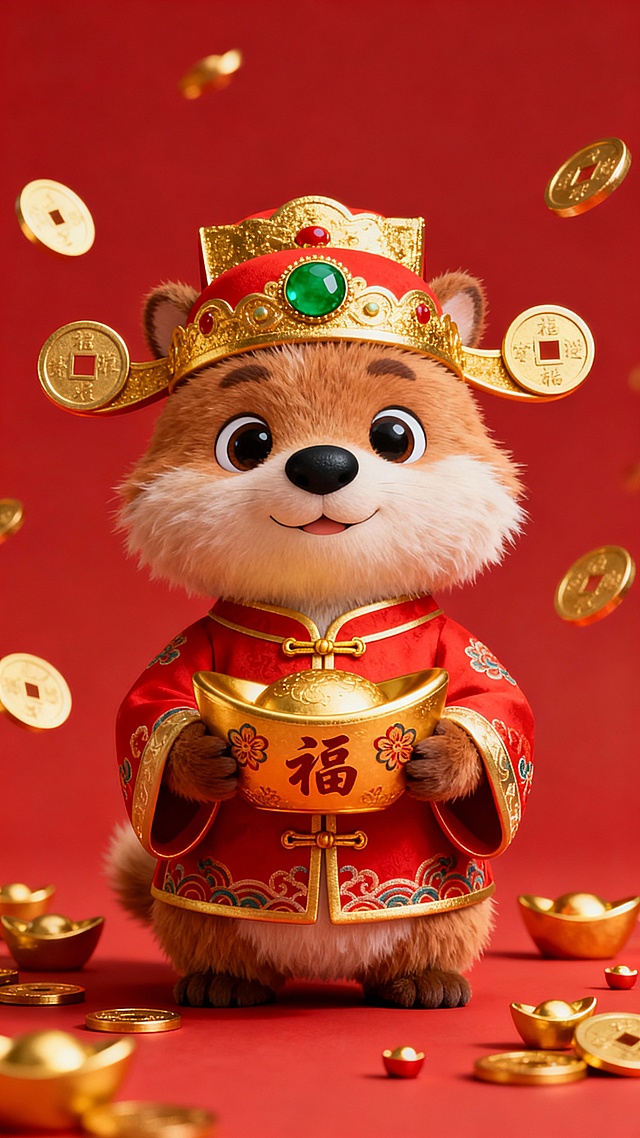 3D渲染风格，可爱动物形象，穿着传统红色财神爷服装，头戴金色财神帽，帽子上有绿色宝石装饰和金色圆形钱币，双手捧着金色元宝，元宝上有“福”字和花纹，整体画面以红色为纯色背景，周围散落着金色的圆形钱币和小元宝，动物形象毛茸茸质感，表情可爱，眼睛大而圆，鼻子黑色，嘴巴微笑，服装有金色盘扣和刺绣花纹，光影效果柔和，高光和阴影细节丰富，营造出喜庆、吉祥的氛围。