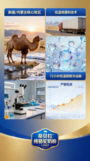二、为何我们的纯驼奶粉如此珍贵？
1. 源自天然牧场的生命源泉
• 黄金牧场：奶源采自新疆/内蒙古（根据实际产地）核心牧区的自然放养双峰驼。骆驼以天然沙生植物为食，饮清冽雪水，造就了乳汁中独一无二的营预览效果