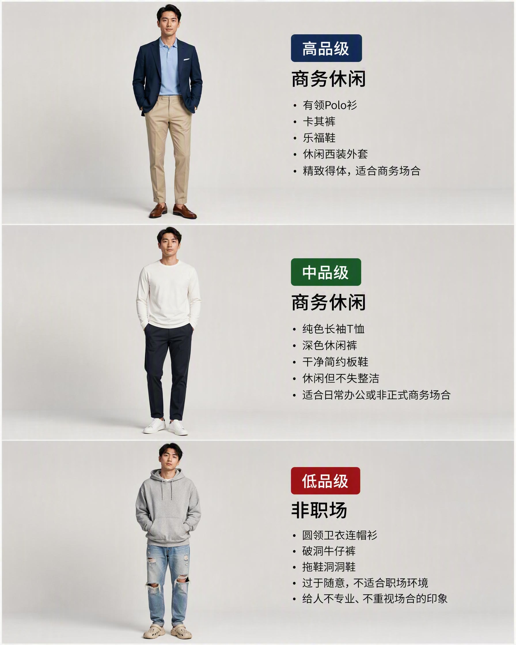 一张图分为三个小图从上到下展示商务休闲装的三个品级：上方高品级… - 图片创意预览