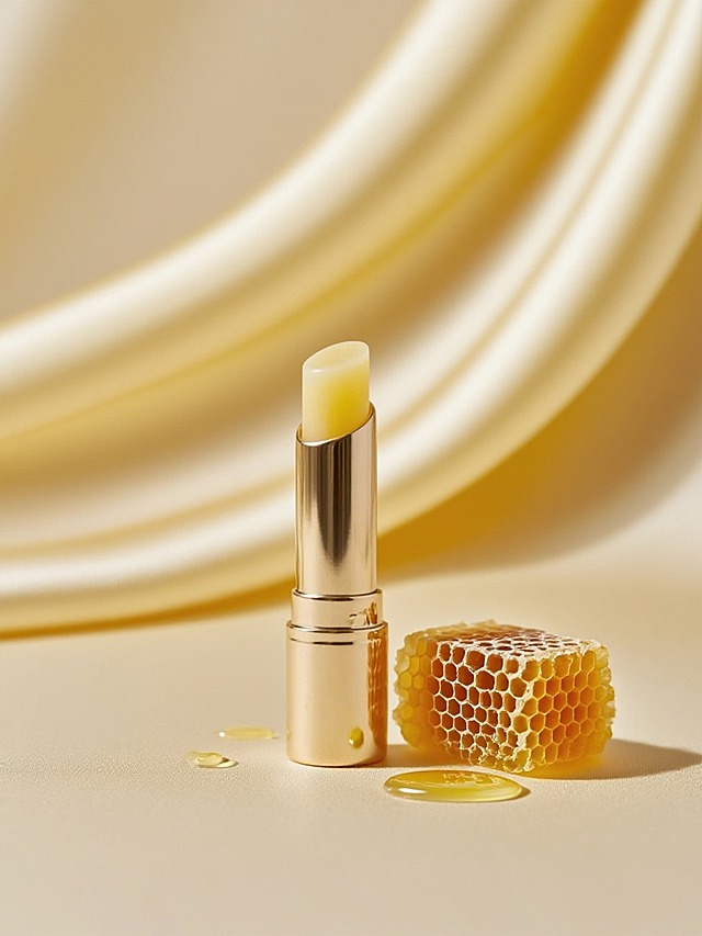 商业静物摄影。主体置于淡黄色丝滑的绸缎上，旁边有一块饱满新鲜的蜂巢蜜、几滴维E油。简约高级的光影。