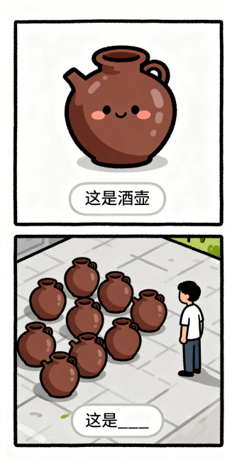 手绘搞笑纵向双格漫画，上半格：Q版可爱的酒壶，极简背景，底部文字框写“这是酒壶”；下半格：九个酒壶整齐摆放在地面上，旁边站着一个回家的人，底部文字框写“这是____”，线条清晰，色彩鲜明预览效果