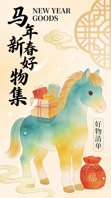 这张马年新春好物集运营海报采用水彩晕染 + 梦幻国潮好物风格，是温馨治愈与新春囤货氛围的融合设计。
主体围绕青黄渐变小马展开：小马以水彩晕染呈现，鬃毛带细碎金闪，驮着新春好物礼盒，身旁搭配暖红福袋、镂预览效果