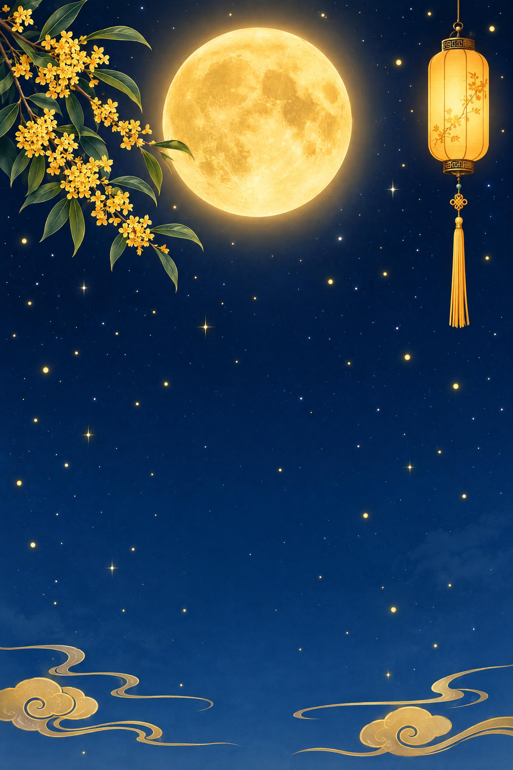 深蓝色渐变夜空背景，顶部中央一轮巨大的金黄色满月，月亮表面有自… - 图片创意预览