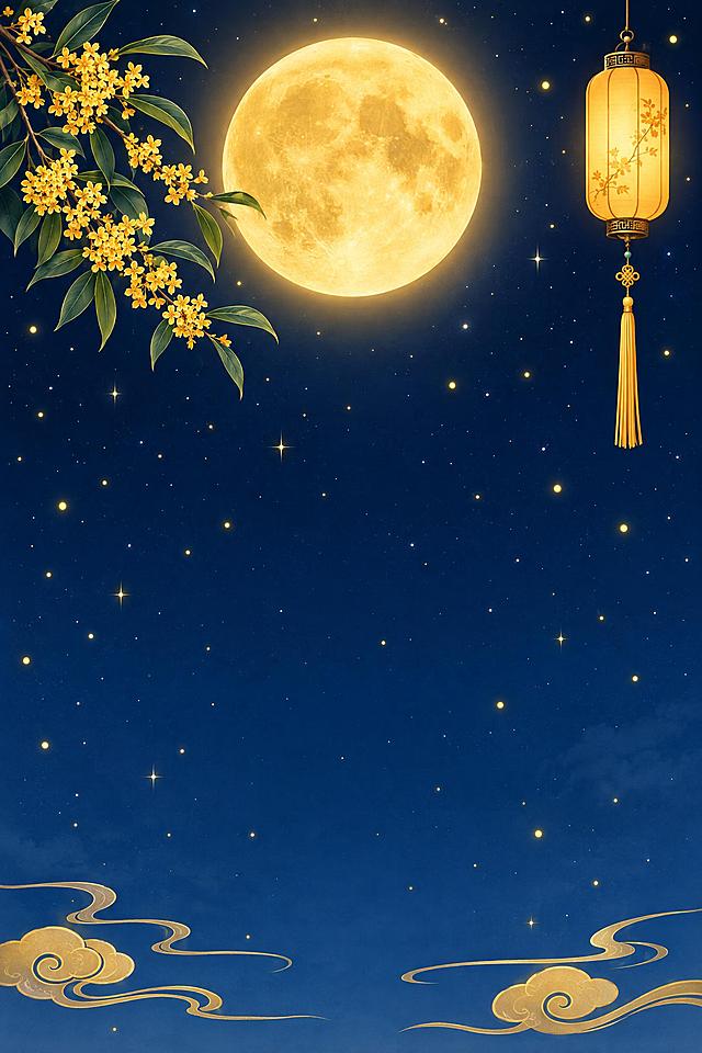 深蓝色渐变夜空背景，顶部中央一轮巨大的金黄色满月，月亮表面有自然的月坑纹理，散发柔和温暖的光晕。左上角伸出一枝桂花枝，深绿色细长叶片，点缀着簇状金黄色小桂花。右上角悬挂一盏传统中式长形黄色灯笼，下方垂着流苏。夜空中散落着细小的星星和金色光点。底部有几缕简约的金色祥云，线条流畅。画面干净简洁，没有任何文字和水印，国潮插画风格，自然美观，竖版构图