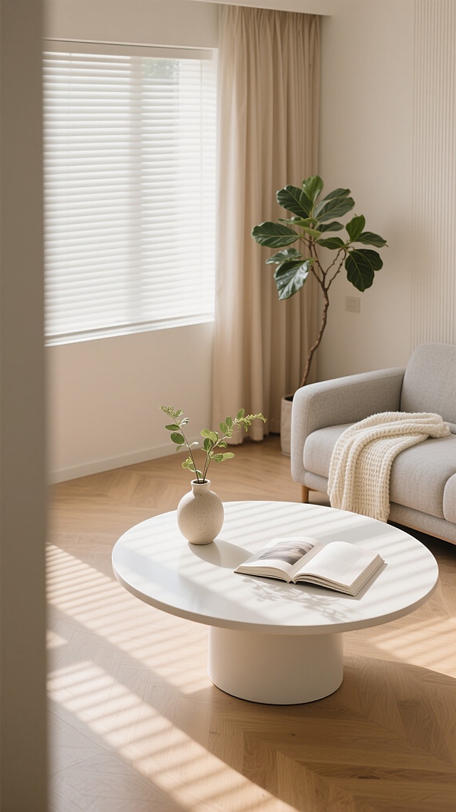 明亮温馨的室内场景，柔和的暖米色与白色为主色调，阳光透过百叶窗在浅木色地板和家具上投下清晰的水平光影条纹，营造出宁静舒适的氛围。画面中心是一张圆形白色茶几，边缘光滑，质感温润，桌面上可放置一本翻开的书和一个简约的陶瓷花瓶，插着几支新鲜绿植。茶几后方是一张浅灰色布艺沙发，线条简洁，靠背上随意搭着一条米白色针织毯。沙发旁边立着一盆枝叶舒展的绿色植物，叶片饱满有光泽。背景墙采用浅色竖条纹墙纸，搭配米色落地窗帘，窗帘半开，露出部分百叶窗。整体构图采用从茶几斜上方45度角俯拍的视角，突出桌面光影和前方物体，背景沙发和植物稍显虚化，形成自然的景深效果，光线柔和均匀，阴影过渡自然，整体风格偏向现代简约的家居设计，具有清晰的视觉层次和舒适的生活气息。
