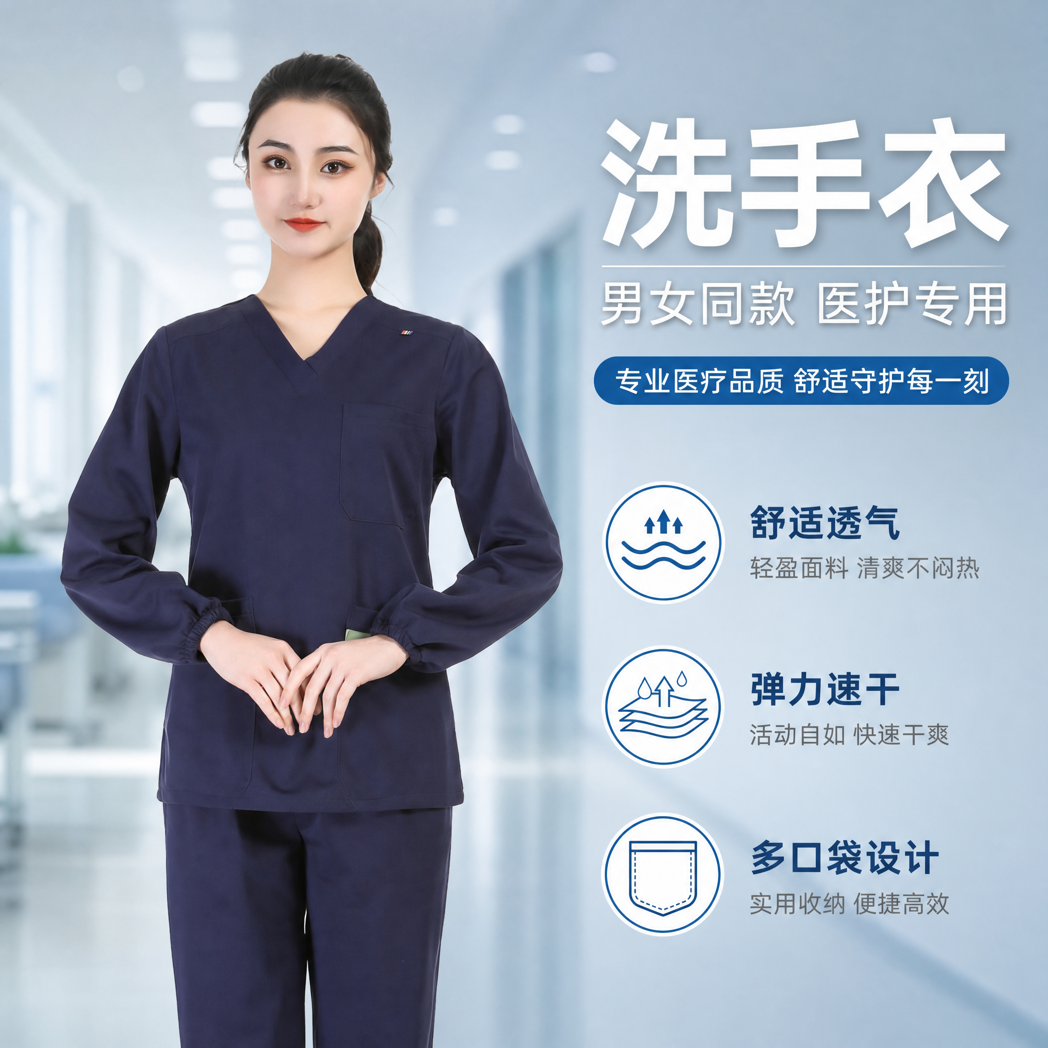 [主图-1] 核心卖点首图，展示藏青色长袖洗手衣男女款专业医疗… - 图片创意预览