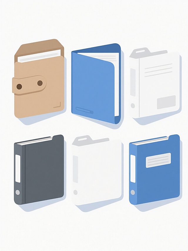 扁平化插画风格，白色背景，六个不同样式和材质的文件夹排列整齐，配色简洁明快。文件夹采用简约几何造型，包含带有圆形按扣的牛皮纸材质文件夹、蓝色硬质文件夹、白色纸质文件夹等不同类型，每个文件夹具有清晰的轮廓线条和轻微的渐变阴影以增强立体感。整体构图平衡，文件夹之间有适当间距，保持画面整洁有序，符合现代简约的设计美学，传达出高效、条理分明的视觉感受。