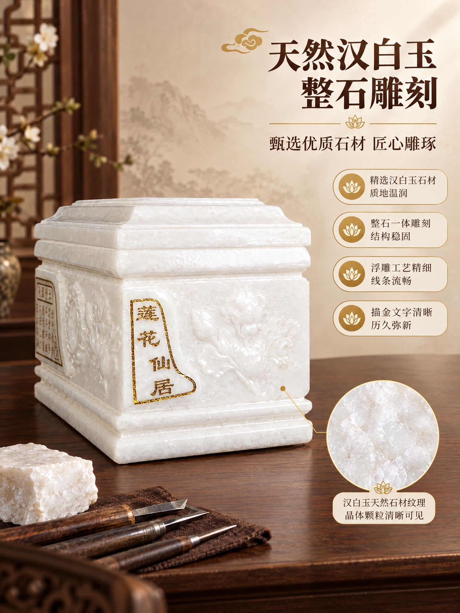 [商品] 使用【图2】荷园净土汉白玉骨灰盒侧面角度；保留汉白玉… - 图片创意预览