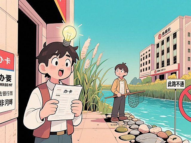 搞笑漫画风格，内容为“办卡要去银行，而不是去河畔“