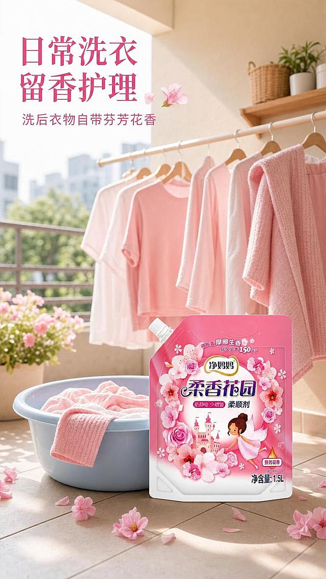 [第4屏] 日常场景-洗衣护理使用场景展示。本屏使用【图1】产品图。
[氛围/风格] 温馨居家风格，真实自然，干净整洁，生活化氛围。
[元素布局] 背景为整洁明亮的阳台洗衣区，晾晒着粉色棉质衣物，衣物带有自然蓬松状态，本产品放置在前景洗衣盆旁边，占画面右下区域，占比约30%，保持产品包装和原图一致，周围搭配柔和阳光和散落花瓣。
[光影质感] 自然阳台日光，柔和漫射光，衣物和产品都清晰明亮，光影自然。
[配色色系] 全局底色为浅米白阳台墙面，主色浅粉衣物，搭配浅蓝色洗衣盆，产品粉色和整体环境融合。
[视角构图] 生活化中景构图，前景产品，中景晾晒衣物，远景阳台，景深自然。
[文字版式] 顶部主标题「日常洗衣 留香护理」，副标题「洗后衣物自带芬芳花香」，文字放置在左上角，不遮挡产品和衣物主体。
[比例分辨率] 9:16，4K分辨率，文字清晰可辨。
[负向提示词] 产品变形，颜色偏差，场景杂乱，文字错乱，水印，光线昏暗。