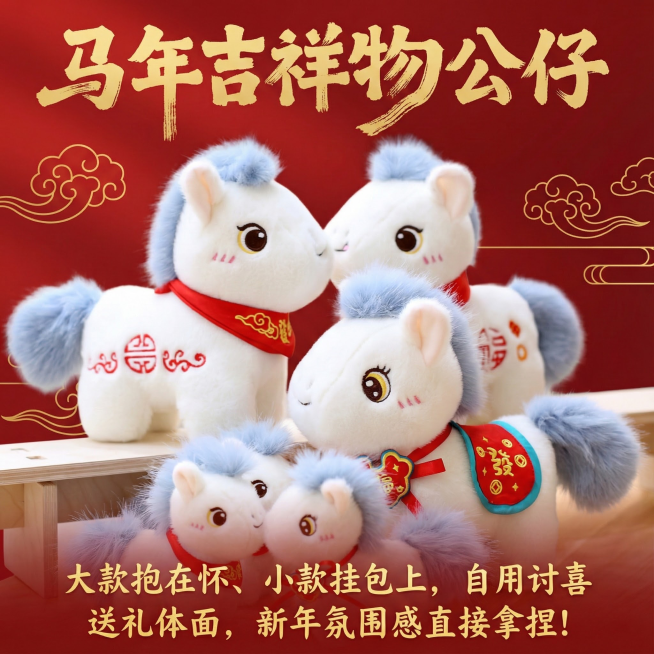 这是一款马年吉祥物公仔，换个背景，要喜庆一点，但不能抢公仔的风头，第一眼要看到公仔，主次分明，添加【马年吉祥物公仔】【大款抱在怀、小款挂包上，自用讨喜 / 送礼体面，新年氛围感直接拿捏！】文字，玩偶的预览效果