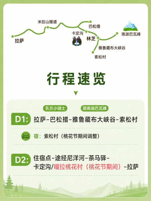 小红书行程图，绿色主色调，标题是"行程速览"，包含完整行程内容：D1:拉萨-巴松措-雅鲁藏布大峡谷-索松村，住宿：索松村（桃花节调整）；D2:住宿点-尼洋河-茶马驿-卡定沟/嘎拉桃花村-拉萨，保留原图预览效果