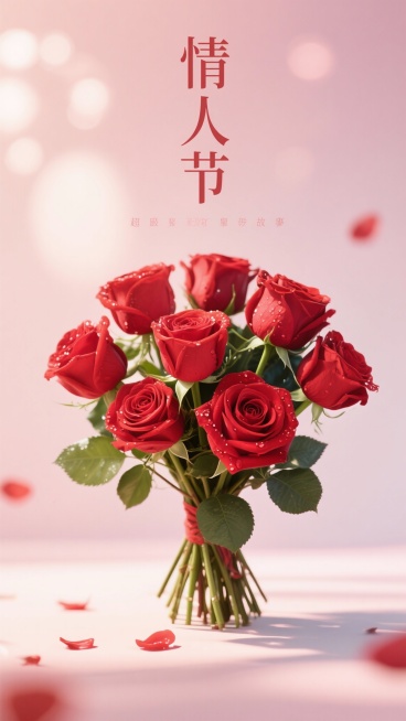 设计一个情人节海报，海报上有情人节三个字，有玫瑰花，以摄影写实为主预览效果