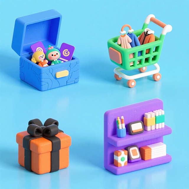 软3D风微缩艺术场景，粘土质感搭配明亮色彩，展现可爱卡通风格的购物与收纳元素，清新柔和，传递节日温馨舒适感。