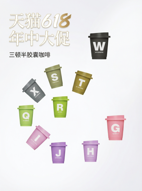生成一张天猫618促销海报，画幅750*1000像素，使用提供的10颗三顿半胶囊咖啡png素材图，保留原素材的形状和字体，文字保持清晰；海报需遵循设计平衡原则，内容有明确主次，预留大量视觉空白，运用黄预览效果