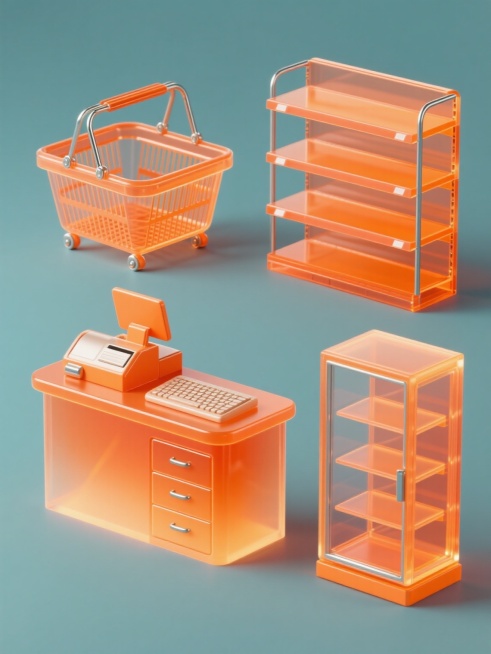 四个同风格商城系列素材集合，每个元素为不同的商城相关物品，均采用透明渐变橙色塑料材质，具有光滑表面和金属质感的小部件，立体感强，带有细微高光和阴影，规整排布在纯色背景上。第一个元素是橙色透明渐变塑料购物篮，带金属色把手和滚轮；第二个元素是橙色透明渐变塑料货架，有多层置物空间和金属支架；第三个元素是橙色透明渐变塑料收银台，带有抽屉和键盘区域；第四个元素是橙色透明渐变塑料商品展示柜，有玻璃门和分层……预览效果