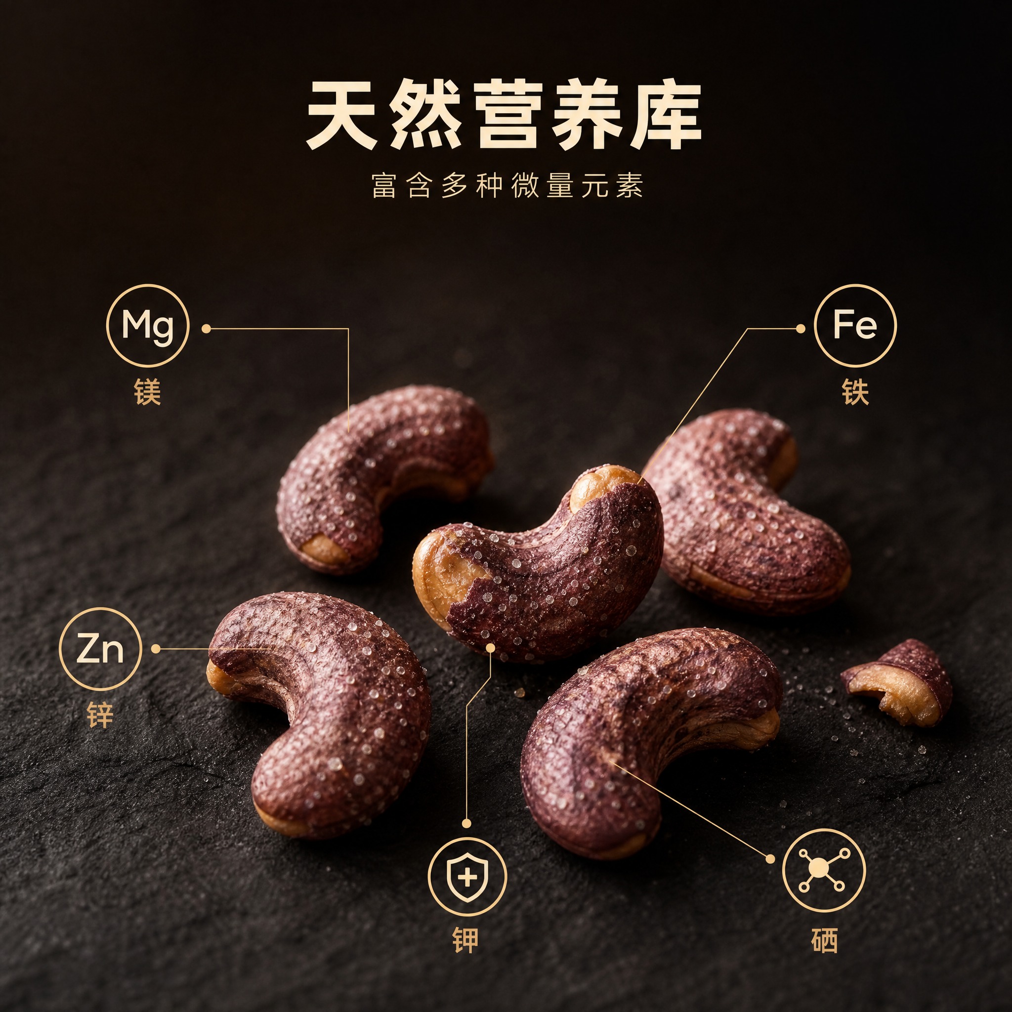 [主图-5] 紫衣盐焗腰果矿物质微量元素功能图，突出天然营养密… - 图片创意预览