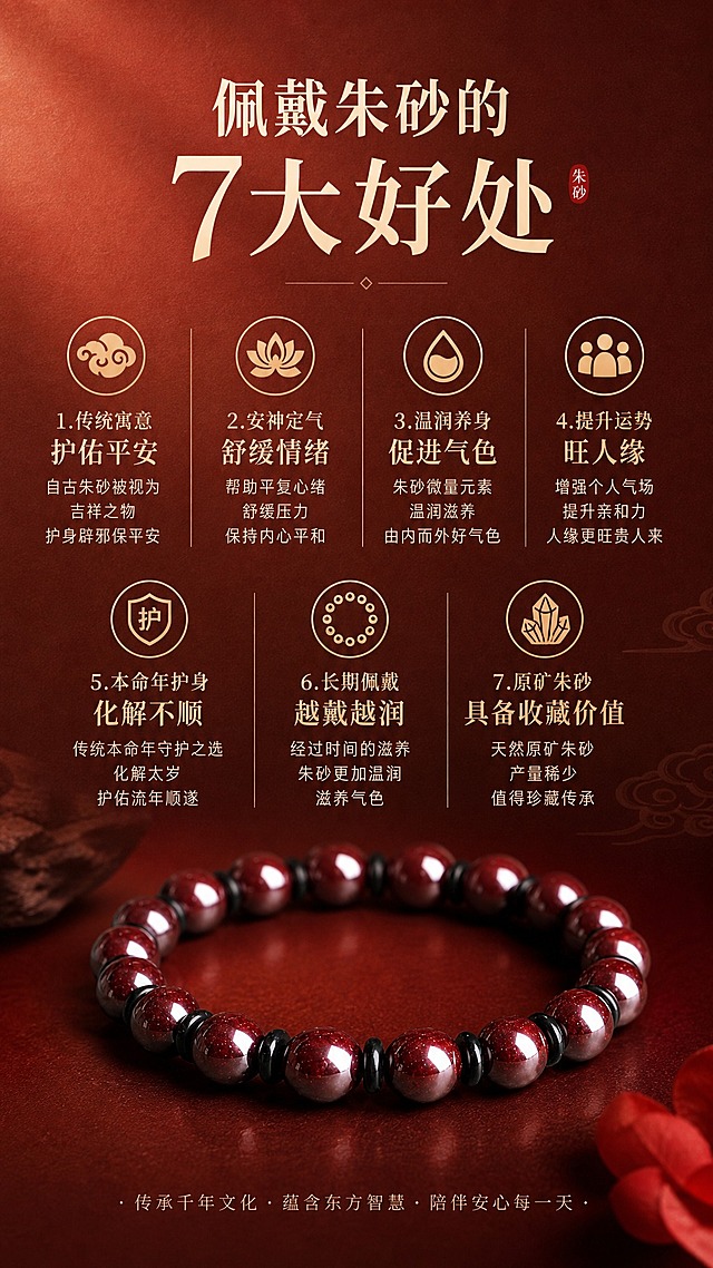 淘宝天猫详情页-佩戴好处卖点篇，9:16竖版，高级红棕渐变纸质感背景。标题'佩戴朱砂的7大好处'，配7个图标及丰富卖点：1.传统寓意护佑平安；2.安神定气舒缓情绪；3.温润养身促进气色；4.提升运势旺人缘；5.本命年护身化解不顺；6.长期佩戴越戴越润滋养气色；7.原矿朱砂稀缺具备收藏价值。底部配手串整体展示图，保持产品原貌。