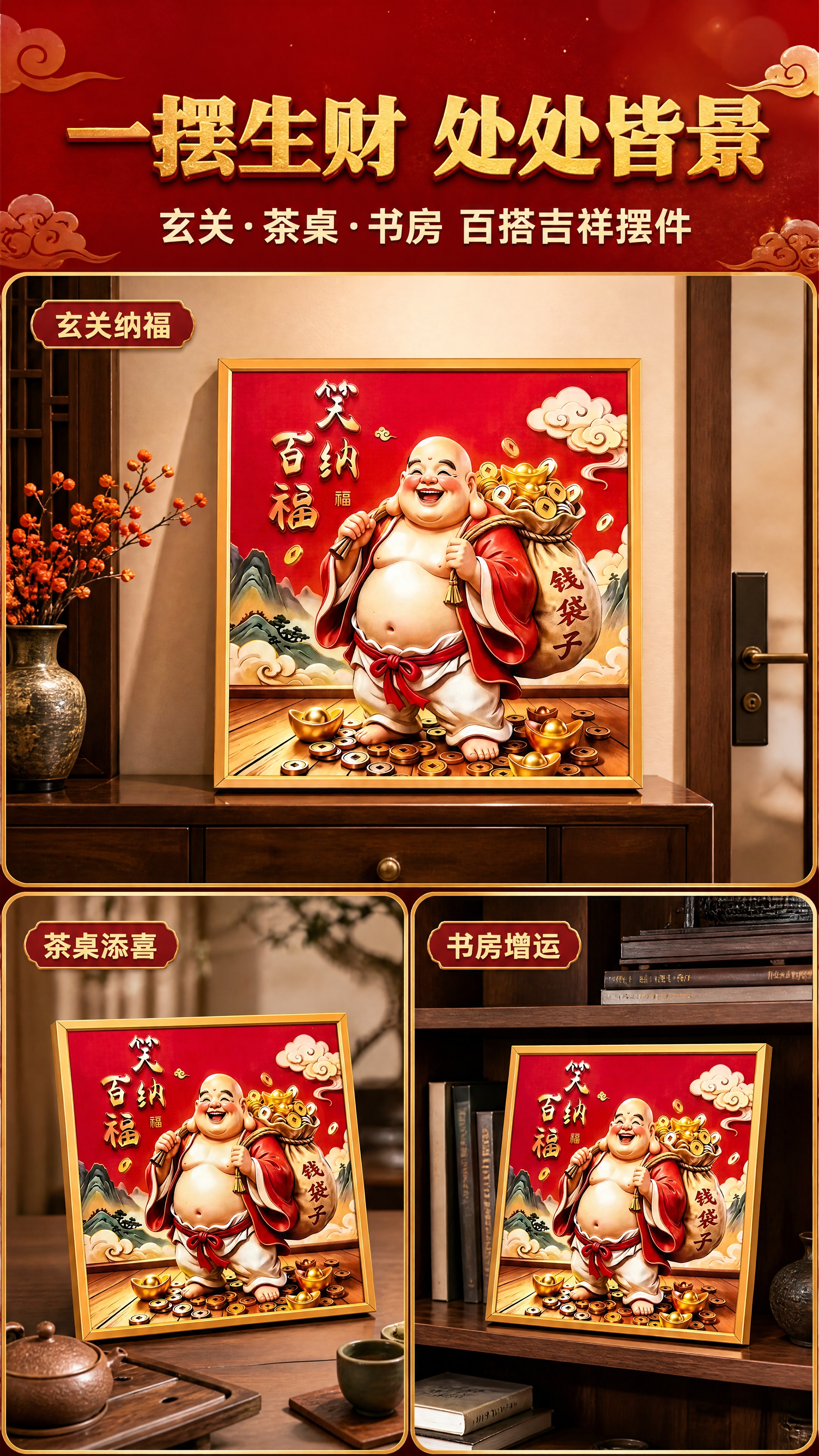 [商品] 使用【图1】笑纳百福弥勒佛装饰画；保留金色铝合金细边… - 图片创意预览