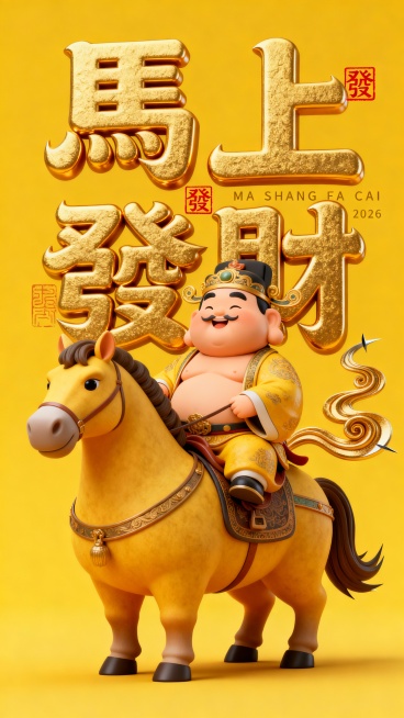 海报设计：一匹胖胖的黄骠马，背上骑着胖财神爷，Q版，唐代审美，财神爷后面内容是“馬上發財”艺术繁体字体，文字分两行排列于财神爷后上方、后下方，笔画极粗非常厚实饱满，笔画大体走势是黑体字（横平竖直)，笔预览效果