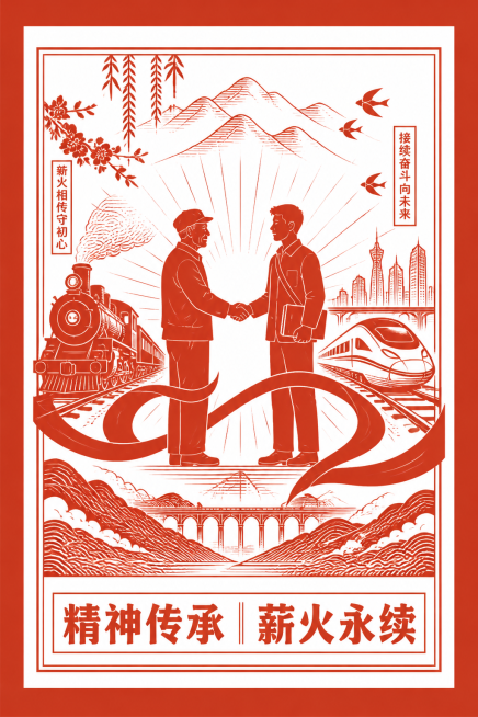 参考图片红色单色版画剪纸风格，生成主题海报：画面中心是老工人与新青年牵手的剪影，体现跨越时空的传承；画面左右两侧分别放置老式蒸汽火车和现代高铁的剪影，用红色飘带连接整体，展现精神传承的主题，添加红丝带预览效果