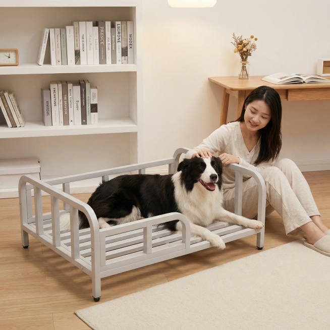 浅灰色金属框架狗床，保持原产品物理结构绝对不变，床下面没有轮子，床腿没有额外东西，床上没有床垫。产品主体不变形不扭曲。
三分法构图，狗床放置在浅原木风书房的实木地板上，背景是白色书架和简约书桌，小清新预览效果