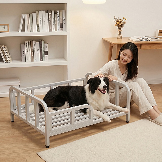 浅灰色金属框架狗床，保持原产品物理结构绝对不变，床下面没有轮子，床腿没有额外东西，床上没有床垫。产品主体不变形不扭曲。
三分法构图，狗床放置在浅原木风书房的实木地板上，背景是白色书架和简约书桌，小清新书香氛围。
床上趴着一只放松开心的边牧，年轻东亚女孩坐在旁边地毯上，轻轻抚摸狗狗，姿态惬意自然。
柔和室内顶光漫射，整体低饱和暖调，阴影柔和，画面干净明亮。
书桌点缀一小瓶干花，旁边打开一本书，营造安静温馨的家庭氛围。
淘宝种草摄影，8K分辨率，干净通透，小清新风格。保持 1:1 画面比例。