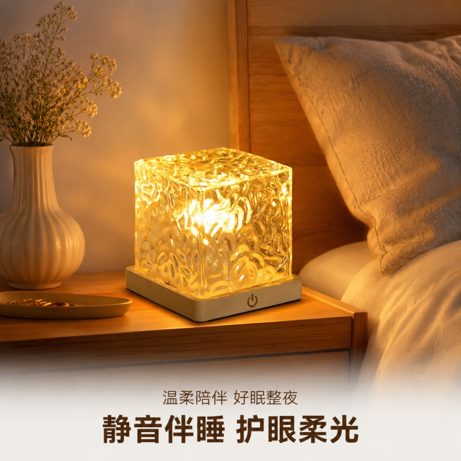 「图片1」，生成一套主图（5张）；商品名称是水波纹立方体背景氛围灯；卖点是✅ 流动水波纹光影 ✅ 16 色遥控 + 触摸三色 ✅ 静音伴睡 ✅ 护眼柔光 ✅ 无极调光；风格是家居治愈风，适配抖音平台，预览效果
