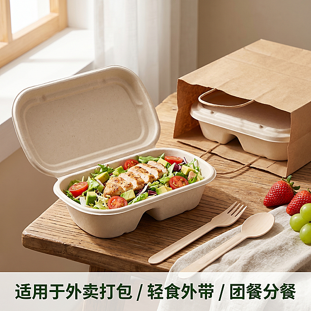 [主图-4] 甘蔗渣环保可降解餐盒多场景适用展示。氛围风格：生活化场景，温馨自然。画质：商业摄影质感，光线柔和通透，产品清晰真实，画面干净高级。元素：分格餐盒盛装轻食沙拉摆放在木质餐桌，旁边搭配水果餐具，展示外卖打包、轻食外出的使用场景。保持甘蔗渣餐盒的外观（物理结构、材质质感、颜色）与输入产品图绝对一致，杜绝任何变形和色差，精细化处理。商品主体占比约70%，餐盒完整展示，画面丰富有生活感。光影：窗边自然光，温暖柔和，场景氛围感强。配色：浅木色桌面，绿色蔬菜点缀，整体清新自然舒适。视角构图：平视四分之三视角，景深适中，餐盒为主体。文字版式：底部浅灰色半透明区域左对齐，三行文字说明「适用于外卖打包 / 轻食外带 / 团餐分餐」，深绿色文字清晰易读，不遮挡产品主体。比例分辨率：1:1比例，2k分辨率；文字清晰可辨，超高清。负向提示词：变形，水印，文字错乱，产品图模糊，背景杂乱，过度装饰，遮挡主体。