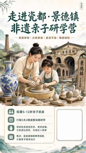 新中式国风风格，9:16竖版朋友圈亲子研学招募海报，版式为顶部大标题、中部实景插画、下部招生信息、底部预留二维码空白框。主题是景德镇陶瓷非遗亲子研学夏令营。主标题为加粗大字"走进瓷都·景德镇非遗亲子研预览效果