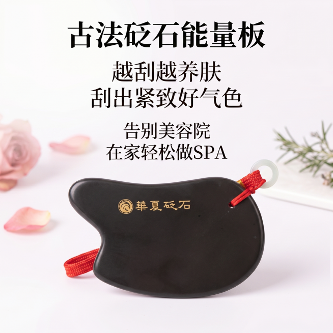 拼多多平台砭石刮痧板商品主图，温柔风适配女性客群，展示黑色砭石刮痧板，搭配文案：古法砭石能量板，越刮越养肤，刮出紧致好气色，告别美容院，在家轻松做SPA，简洁干净的背景，符合电商主图风格预览效果