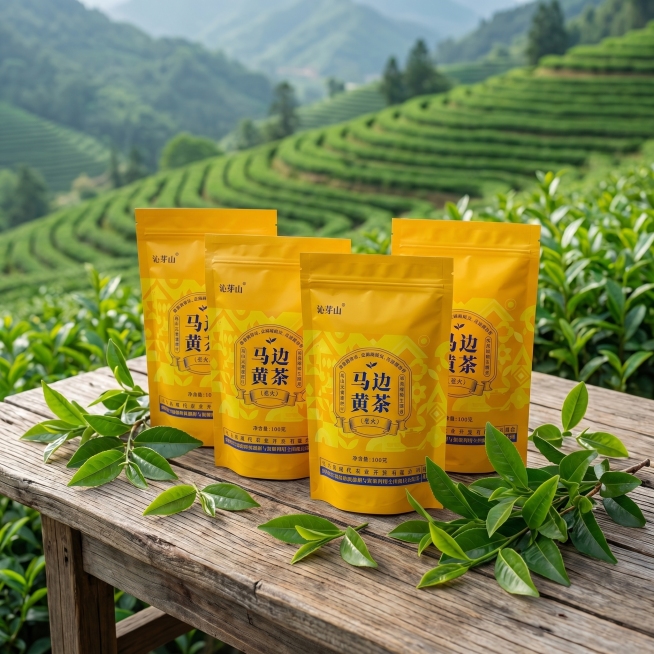 [主图 5] 马边黄茶产品组合展示，中式复古田园风，整体自然氛围。商业摄影质感，光线柔和通透，产品清晰真实，画面干净高级。四袋马边黄茶错落摆放在茶园的老木茶桌上，周围点缀新鲜采摘的茶青枝叶，背景是开阔预览效果