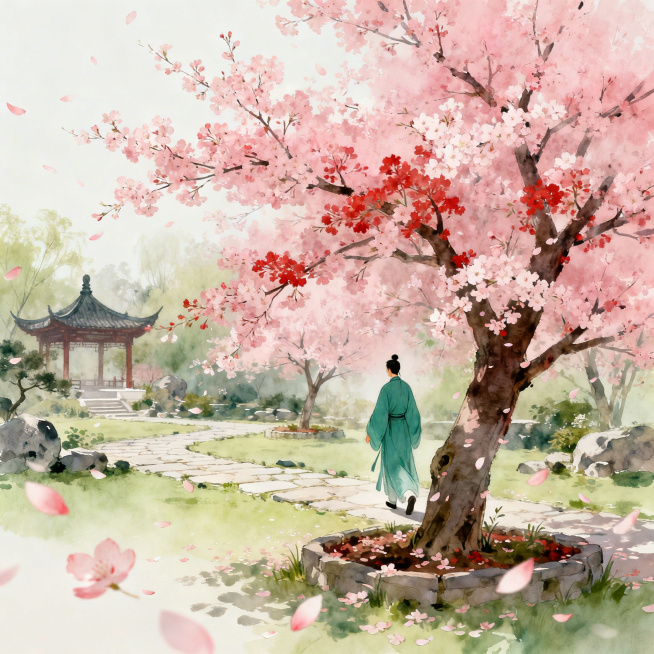 春日中式园林场景，小园内新种植的红樱树开满了粉嫩的樱花，花瓣飘落，一位古人闲适地绕着樱花树漫步赏花，当作郊游，氛围恬淡悠然，古风景色优美雅致预览效果