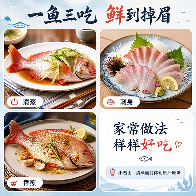 [商品] 使用【图1】野生红笛鲷；保留鱼身绯红色鳞片、红色鱼鳍、整体颜色和形态；商品处理：分别呈现清蒸、刺身、煎烤三种做法的成品效果，每种做法中鱼的颜色和结构保持真实，清蒸版鱼身保持原色配葱姜，刺身版为薄切鱼片摆盘，煎烤版鱼皮微焦带油光。
[画面] 目标：吃法场景种草，展示清蒸刺身煎烤多种吃法。构图：2x2圆角卡片拼图布局，共3张美食图+1张文字卡；左上：清蒸红笛鲷配葱姜（餐桌场景）；右上：红笛鲷刺身摆盘（日料盘）；左下：香煎红笛鲷（平底锅/餐盘）；右下：文字信息卡；卡片间有留白，整体3层视觉层次。
[视觉] 套系策略：风格=小红书清新海洋风生鲜美食摄影；标题字=手写书法体+现代黑体组合；正文字=简洁无衬线黑体；主色=深海蓝+绯红色；背景延展=基于深海蓝做浅蓝渐变、细腻纸张质感；强调色=绯红色，仅用于小面积图标和标签；标题色=深墨蓝；正文色=中灰蓝；组件=圆角白色卡片、细线分割、小图标；光影=每张卡片内独立美食摄影柔光，整体统一暖调。
[文字] 顶部主标题"一鱼三吃 鲜到掉眉"，每张美食图下方小字标注：「清蒸」「刺身」「香煎」，右下卡片内文字：「家常做法 样样好吃」+ 小贴士：「清蒸最能体现原汁原味」，全部横排。
[规格] 图片比例1:1正方形，4K，负向提示：避免变形、错字、文字过小、鱼身颜色改变、卡片不整齐、黑底、二维码。