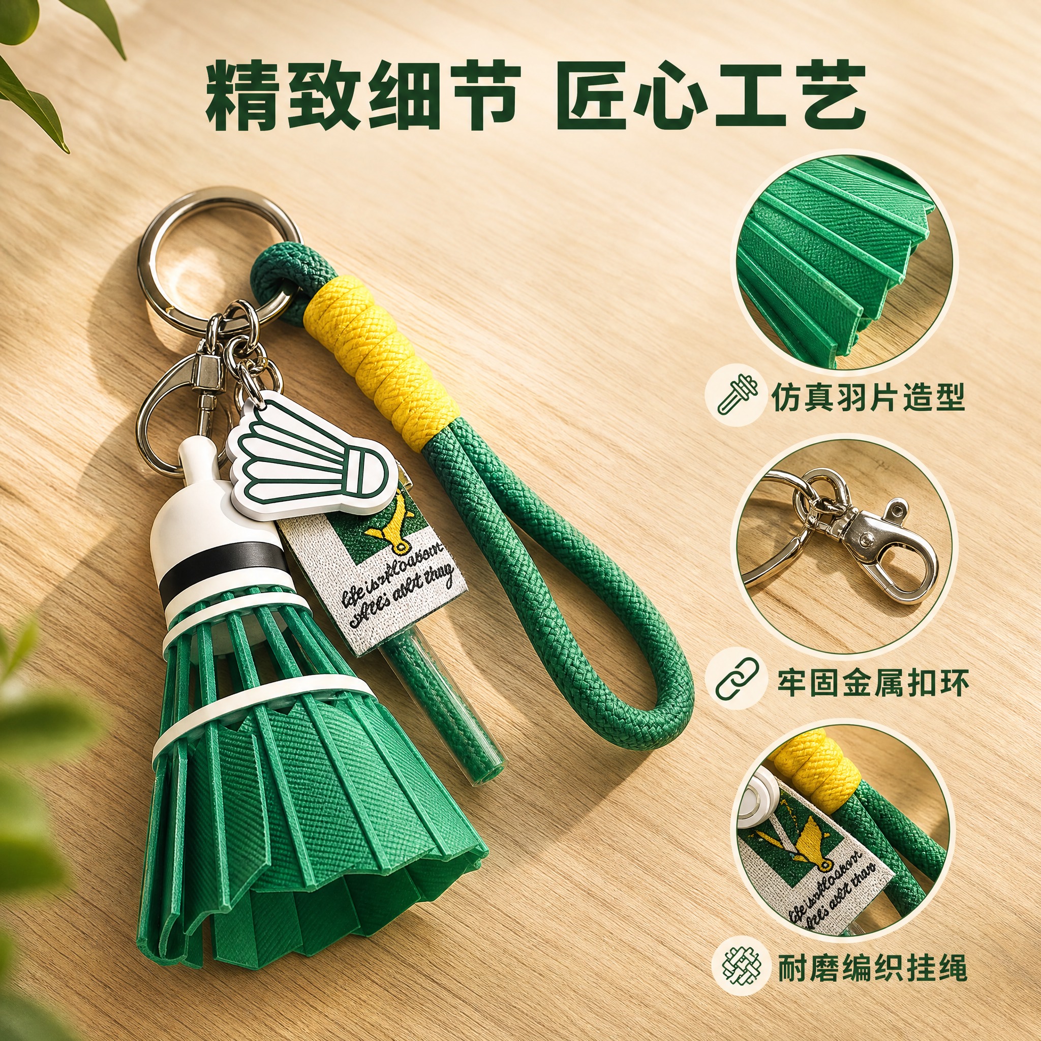 [主图-2] 绿色羽毛球造型钥匙扣挂件 材质细节卖点图。 [统… - 图片创意预览