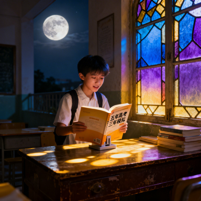 神秘的校园教室，夜晚氛围，月光透过彩色玻璃窗洒在古老的书桌上，光影交错氛围迷离。主角站在书桌前，面前一本名为“五年高考三年模拟”的练习册自动翻开，主角露出专注而感动的表情，整体充满故事感。预览效果