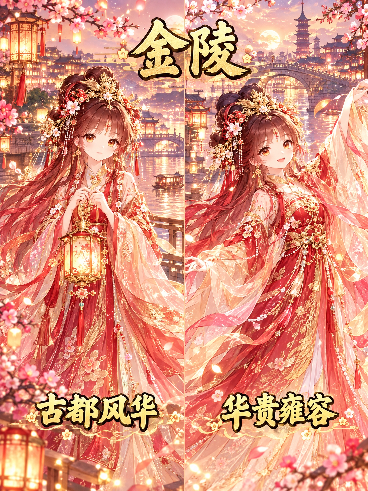 参考图的画风和左右分屏构图，角色替换为金陵古都仙子。顶部大标题… - 图片创意预览