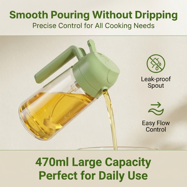 欧美跨境电商喷油壶倒油功能卖点详情图，尺寸800x800，产品严格和原图一致无修改，浅米色质感背景无白底，采用三分区布局：顶部20%区域用超大加粗英文主标题"Smooth Pouring Withou预览效果