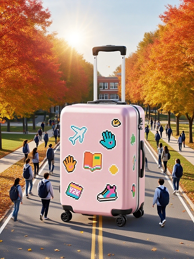 粉色行李箱点缀像素风emoji，清新甜美，校园秋景中尽显可爱与活力。