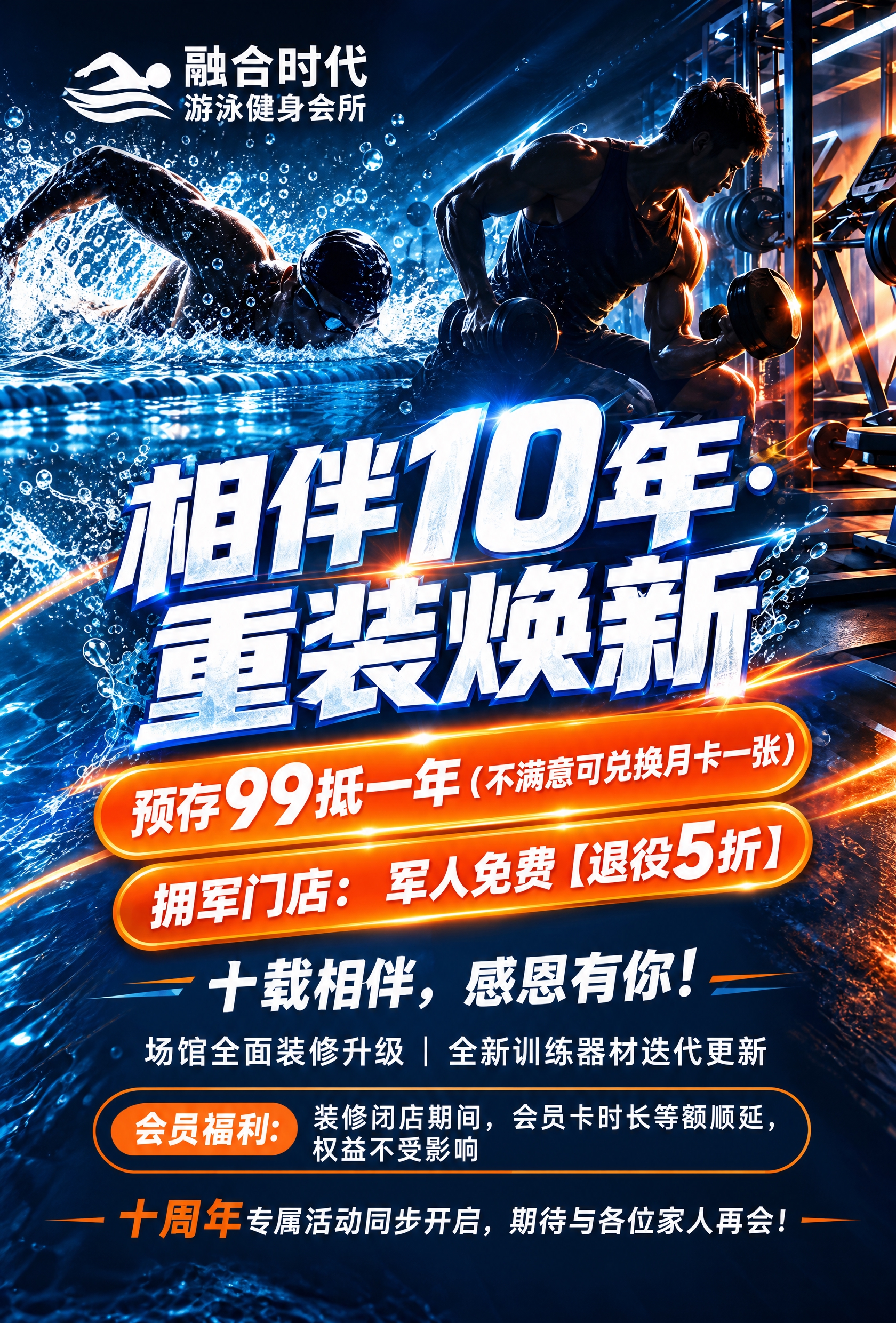 完全参考左图的版式与风格（蓝橙热血动感、游泳人物与健身器械穿插… - 图片创意预览