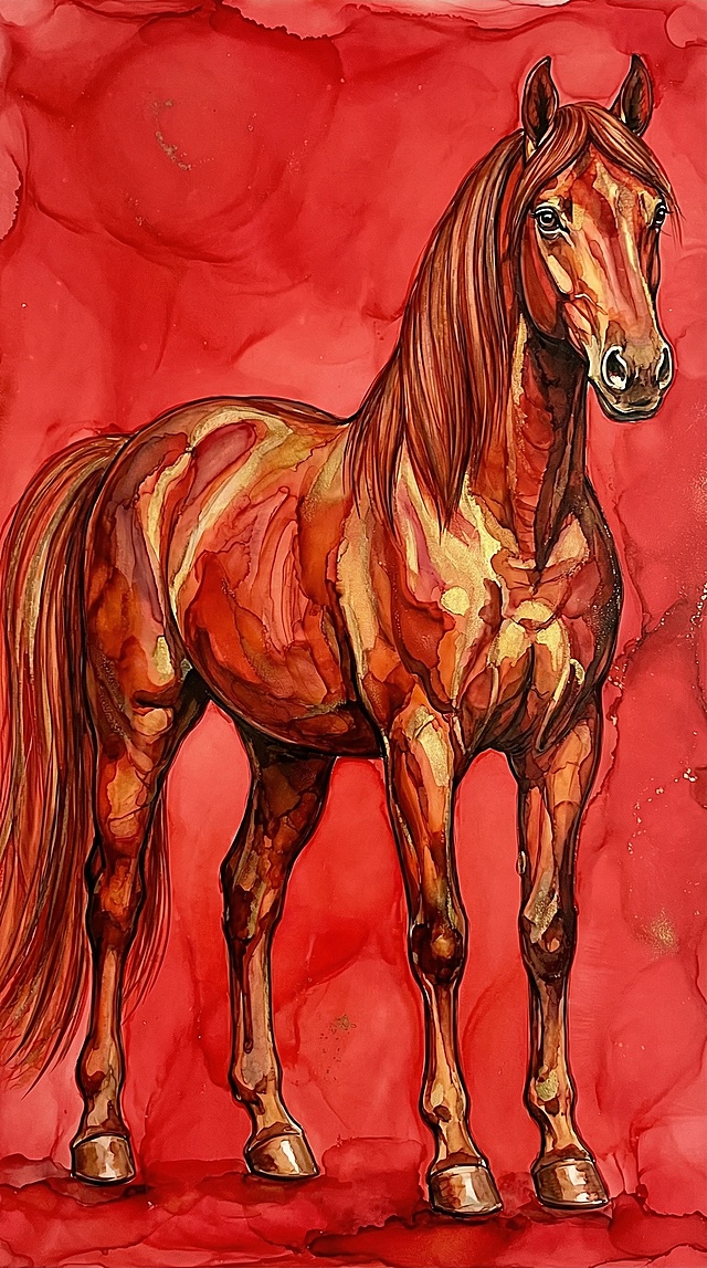 水彩风与重拟物风交融，以红金为主调，呈现马匹的优雅与力量，融合印象画派的笔触，营造唯美感与文艺气息，寓意新春吉祥。