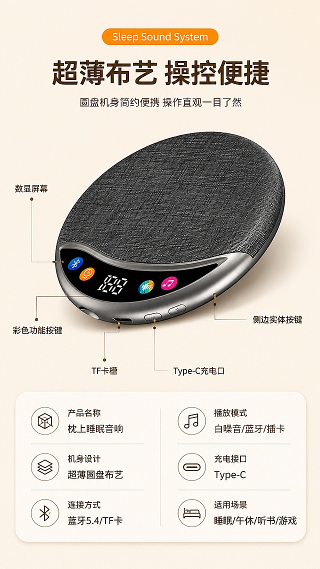 [第5屏] 产品信息参数-枕上睡眠音响外观与规格收口（§15收尾）。本屏使用【图1】作为商品主体，参考图风格提取为：浅米杏暖色调、顶部英文胶囊标签、大标题+副标题、产品展示、底部规格信息卡。
[氛围/风格] 简约专业，暖米杏色调，清晰参数呈现，商业摄影质感。
[元素布局] 产品置于画面中部偏上，45°斜侧视角展示正面数显屏+侧边按键+接口全貌，占比约45%；产品旁有引线标注关键部位：数显屏幕、功能按键、侧边操控键、TF卡槽、Type-C充电口；底部为参数信息区；背景暖米色纯净背景；产品物理结构、布艺纹理、颜色、按键布局与输入图完全一致。
[光影质感] 左上方柔光主照明，右下方辅光提亮，产品底部自然投影，整体清晰明亮，细节可见。
[配色色系] 全局底色 #F7EFE2 暖米杏；主色深棕 #5C3A1E；辅助色橙色 #F5A623、白色参数卡、浅灰引线。
[视角构图] 45°斜侧微俯视，产品居中偏上，阅读动线顶部标题→中部产品+标注→底部参数表。
[文字版式] 顶部橙色圆角胶囊"Sleep Sound System"；主标题"超薄布艺 操控便捷"，深棕粗体居中；副标题"圆盘机身简约便携 操作直观一目了然"；产品周围用细线+小圆点引出5处标注："数显屏幕""彩色功能按键""侧边实体按键""TF卡槽""Type-C充电口"；底部白色圆角大参数卡，左右分栏：左栏列"产品名称 枕上睡眠音响""机身设计 超薄圆盘布艺""连接方式 蓝牙5.4/TF卡"，右栏列"播放模式 白噪音/蓝牙/插卡""充电接口 Type-C""适用场景 睡眠/午休/听书/游戏"。
[比例分辨率] 9:16竖版比例，4K分辨率，文字清晰可辨。
[负向提示词] 产品变形，结构错误，接口位置错误，颜色偏差，水印，文字错乱，参数文字过小。