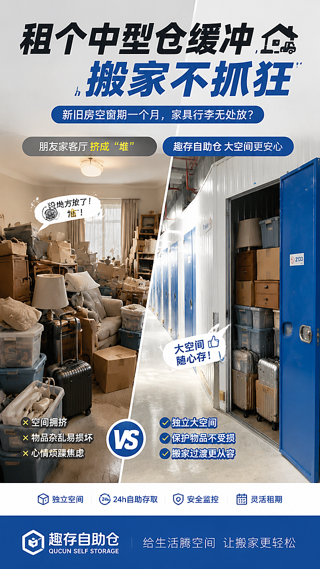 换房过渡主题宣传图：新旧房空窗期一个月，家具行李无处放，左半部分AI生成堆满家具行李的朋友家客厅拥挤场景，右半部分融合上传的趣存自助仓大存储空间，对比宣传，文案：租个中型仓缓冲，搬家不抓狂，商业广告风格